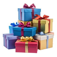 Obraz premium A festive celebration with a golden gift box isolated on a white background, featuring a red ribbon and bow