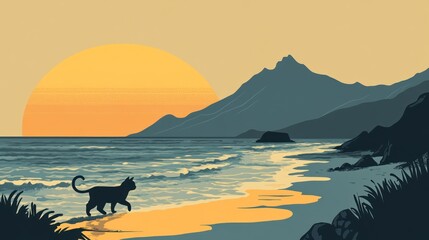 Cartoon cat with soft fur in an outdoor scene on a beach at sunset, with golden light reflecting off waves and a small starfish beside its paws. For kids' books, cards, and projects.