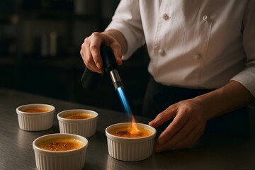 Chef torching crème brûlée dessert with culinary torch in professional kitchen, caramelizing sugar with precision and skill