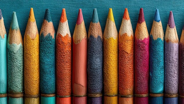 Row of colorful pencils, tips aligned - Powered by Adobe