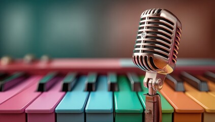 Colorful piano keys and vintage microphone