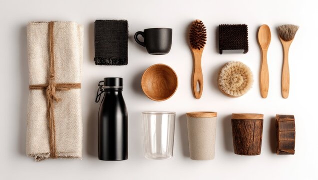Flat lay of eco-friendly kitchen and home goods
