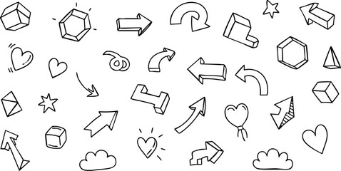 Unique hand-drawn icon set with arrows, hearts, shapes for creative design projects