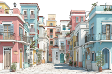 Colorful Mediterranean alleyway scene.  Bright buildings