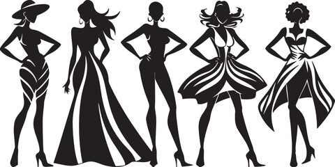 Fashion Silhouette Vector with Stylish Women, Elegant Dress Designs, Trendy Outfits, Fashionable Figures, Chic Look, Model Poses, Style, Couture, Glamorous, Modern, Apparel, Runway, Fashion Design, Cr
