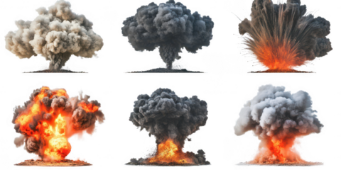 Six explosion clouds collection on transparent png background