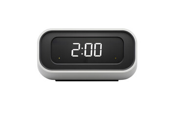 Close up of digital alarm clock displaying 2:00, photorealistic, on white background.