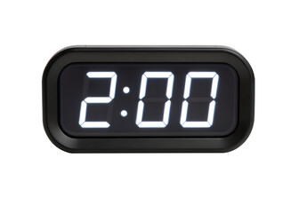 Close up of digital alarm clock displaying 2:00, photorealistic, on white background.