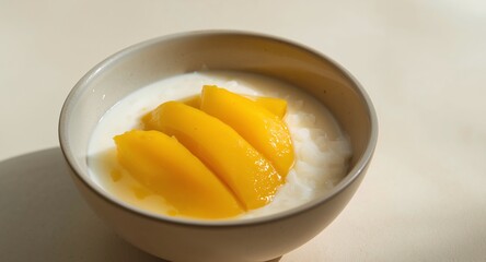 Mango sticky rice dessert served in a bowl, a traditional Southeast Asian treat.