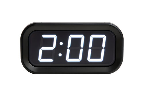 Close up of digital alarm clock displaying 2:00, photorealistic, on white background.