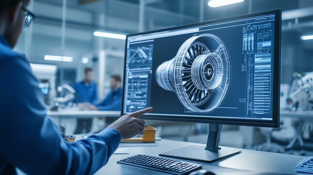 Engineer analyzing turbine design on computer screen.
