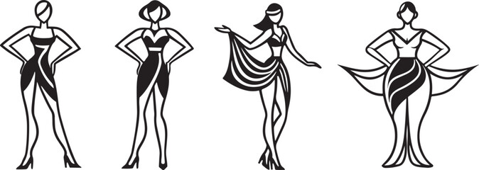 Fashion Silhouette Vector with Stylish Women, Elegant Dress Designs, Trendy Outfits, Fashionable Figures, Chic Look, Model Poses, Style, Couture, Glamorous, Modern, Apparel, Runway, Fashion Design, Cr