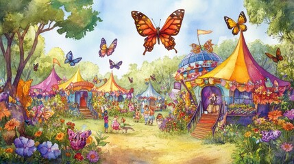 Obraz premium Children playing joyfully with butterflies at fantasy market