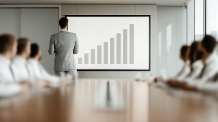 Business professional presenting an ESG report with renewable energy charts in a boardroom, diverse team collaboration.