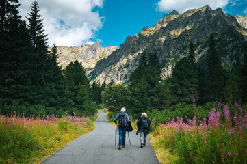 A senior couple walks together on a road leading toward the High Tatras, heading into the mountains for a shared hiking adventure at Strbske Pleso.