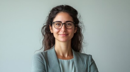 Obraz premium Happy Middle Eastern woman in blazer wearing glasses indoors