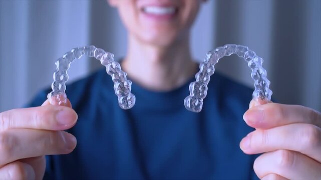 Clear Dental Aligners or braces : Orthodontic Mouthpiece Held in Hand. Slow motion video.