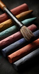 Assorted colored pastels and a brush lie on a dark surface