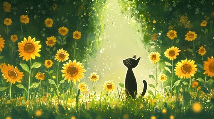 Cat among towering sunflowers, fur brushing golden petals, tall stems and vibrant yellow petals forming a canopy, cartoon style, for kids' books, cards, and projects.