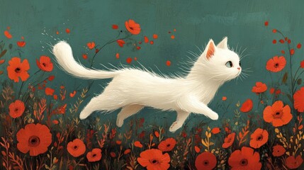 Walking along a blooming garden path, a small white cat examines the flower beds, surrounded by garden flowers and flying pollen. For children's literature, cards and projects.