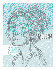 Woman face poster. Fashion magazine. Beautiful young female portrait. Line pencil sketch drawing. Stylish hairstyle. Fashionable girl. Modern theater. Booklet design. Vector glamour journal banner