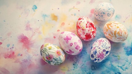 Fototapeta premium Colorful decorated eggs arranged on flat surface indoors