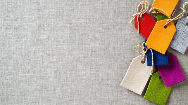 Textured background resembling fabric with stitched sale labels: A creative layout featuring a fabric-textured background in neutral tones with colorful stitched sale tags scattered across, ample