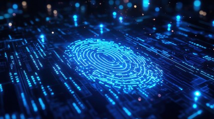 Glowing digital fingerprint in abstract technological space