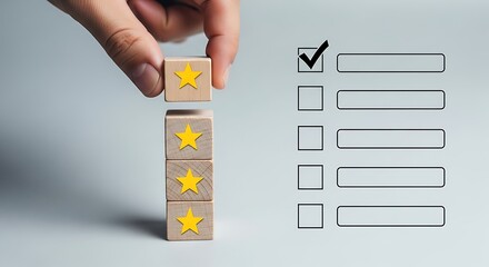Hand placing wooden block with star on top of stacked blocks next to checklist
