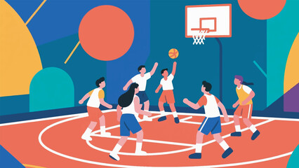 Illustration of Student Playing Basketball Design Template with Playground Background