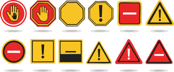 Collection of warning and prohibition symbols: stop hand, exclamation marks, and prohibition signs in various shapes and colors.