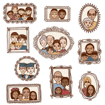 Hand Drawn Family Portraits Illustration Collection in Decorative Frames