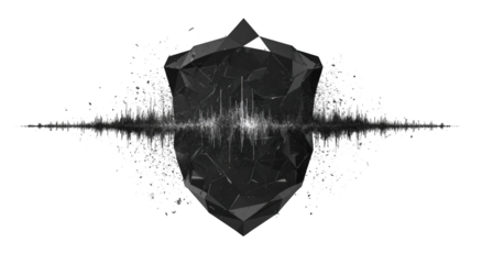 Abstract digital art piece featuring a dark grey geometric shape surrounded by exploding particles