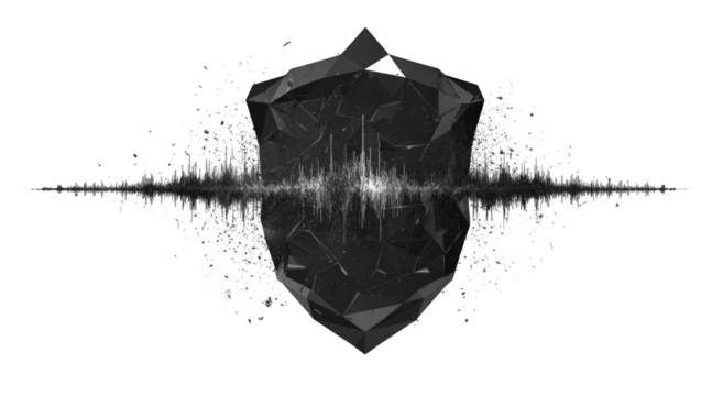 Abstract digital art piece featuring a dark grey geometric shape surrounded by exploding particles - Powered by Adobe