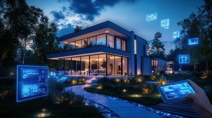 Modern house with interactive displays controlling smart home technology at night