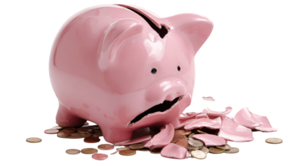 Broken piggy bank with scattered coins