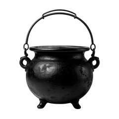 A black cauldron with a curved handle, featuring two rounded knobs for pouring, displayed against a transparent background. Suitable for spooky Halloween themes and holiday crafts.