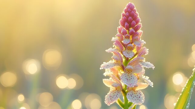 A macro image of a dew-kissed orchid blooming in morning sunlight with soft bokeh background