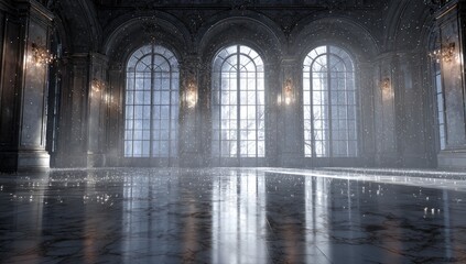 Grand hall with arched windows, misty rain, and polished marble floor