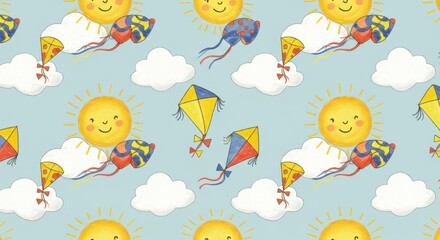 Smiling Sun Kites Clouds and Sky Pattern.