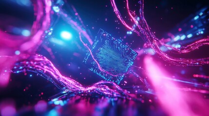 Illuminated circuit board floating in futuristic digital environment