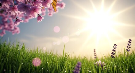 Fototapeta premium Vibrant spring meadow with blooming cherry blossoms and bright sunshine