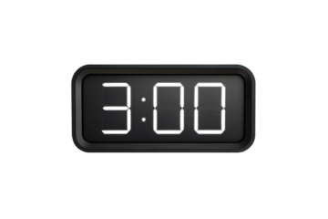 Close up of digital alarm clock displaying 3:00, photorealistic, on white background.