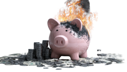 A piggy bank engulfed in flames, surrounded by money