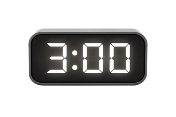 Close up of digital alarm clock displaying 3:00, photorealistic, on white background.