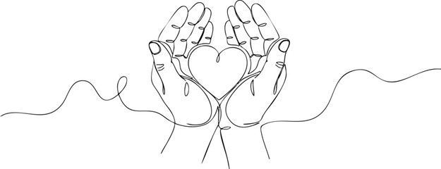 A continuous line drawing of two hands cradling a heart shape, symbolizing love and care.
