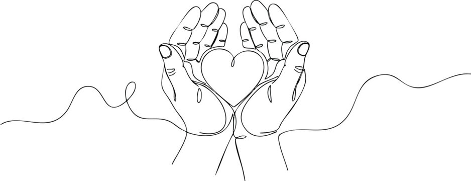 Naklejki A continuous line drawing of two hands cradling a heart shape, symbolizing love and care.