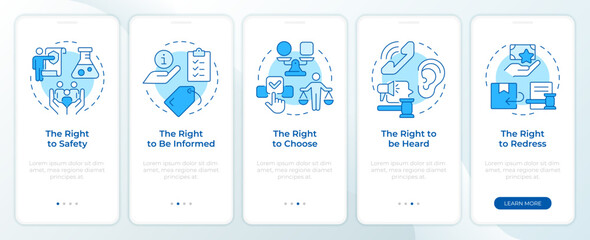 Consumer rights blue onboarding mobile app screen. Customer protection. Walkthrough 5 steps editable graphic instructions with linear concepts. UI, UX, GUI. Montserrat SemiBold, Regular fonts used © IMG visuals icons