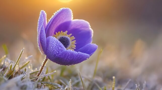A macro photo of a violet anemone flower blooming in early morning with dew still present 
