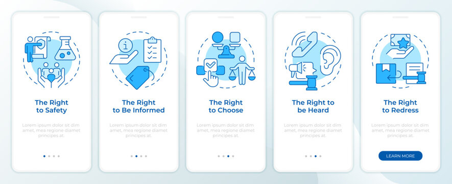 Consumer rights blue onboarding mobile app screen. Customer protection. Walkthrough 5 steps editable graphic instructions with linear concepts. UI, UX, GUI. Montserrat SemiBold, Regular fonts used